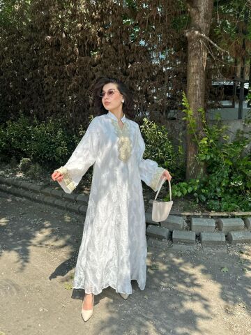 Gold Nakışlı Astarlı Abaya BEYAZ - M