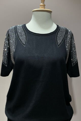 Yaprak Desenli Taş İşlemeli Triko Siyah