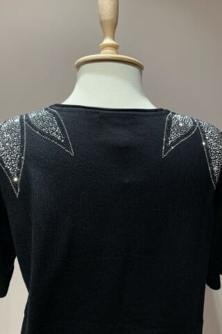 Yaprak Desenli Taş İşlemeli Triko Siyah