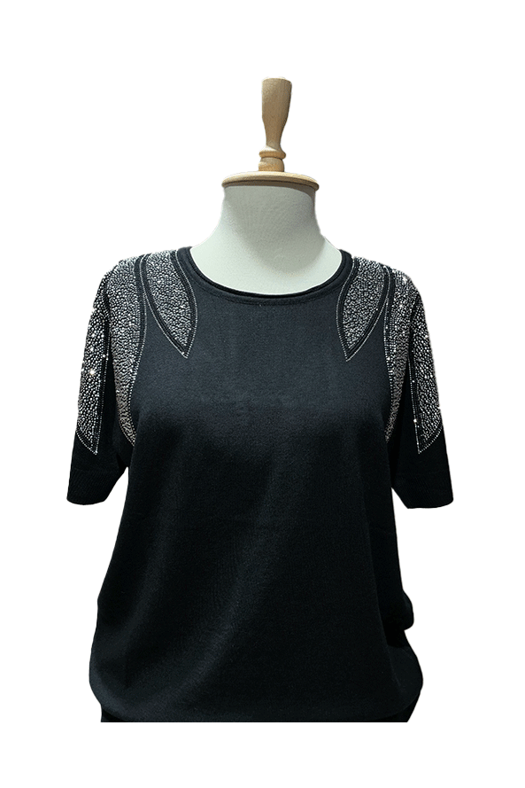 Yaprak Desenli Taş İşlemeli Triko Siyah