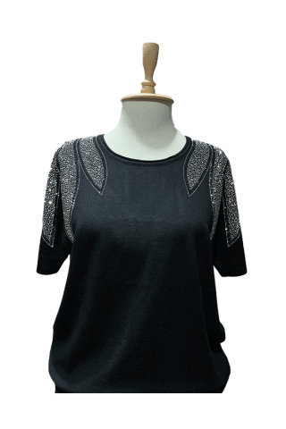 Yaprak Desenli Taş İşlemeli Triko Siyah