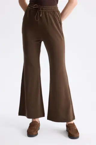 On Beli Lastikli İspanyol Paça Pantolon Kahve