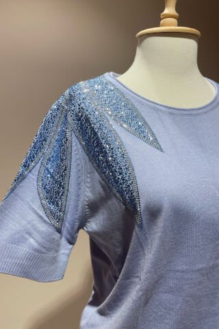 Yaprak Desenli Taş İşlemeli Triko Siyah AÇIK MAVİ - M