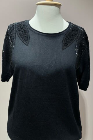 Yaprak Desenli Taş İşlemeli Triko Siyah SİYAH - XL