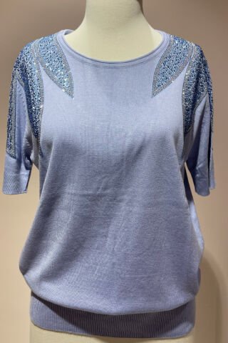 Yaprak Desenli Taş İşlemeli Triko Siyah AÇIK MAVİ - 2XL