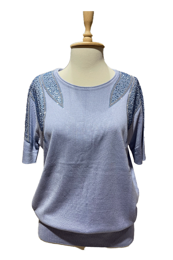 Yaprak Desenli Taş İşlemeli Triko Siyah AÇIK MAVİ - 2XL