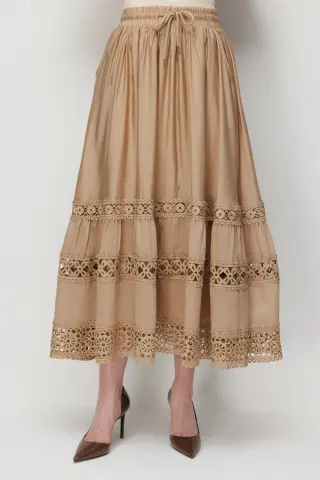 Ekol Beli Lastikli İşlemeli Midi Etek