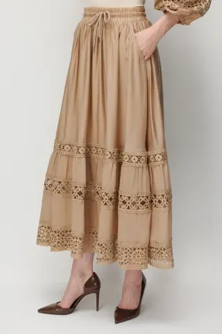 Ekol Beli Lastikli İşlemeli Midi Etek