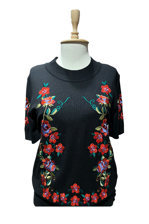 Gül Nakışlı Triko Siyah