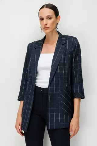 Ekol Ekoseli Torba Cepli Ceket LACİVERT - 40