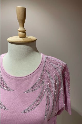 Desenli Taş İşlemeli Triko Pembe