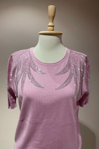 Desenli Taş İşlemeli Triko Pembe