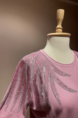 Desenli Taş İşlemeli Triko Pembe