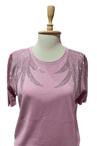 Desenli Taş İşlemeli Triko Pembe