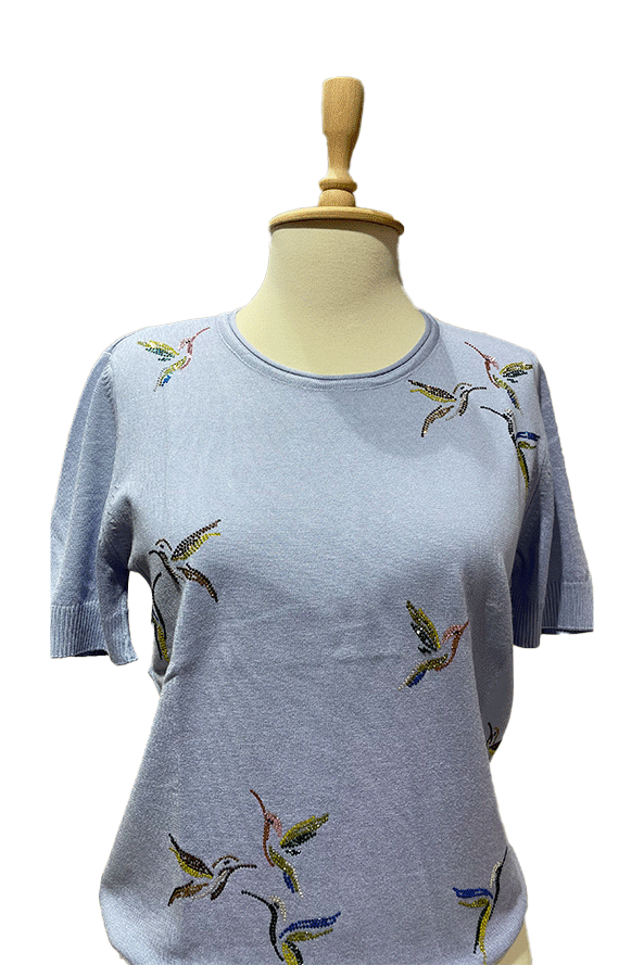 Kuş Detaylı Taş İşlemeli Triko Bebek Mavisi