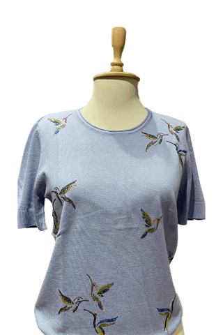 Kuş Detaylı Taş İşlemeli Triko Bebek Mavisi