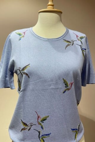 Kuş Detaylı Taş İşlemeli Triko Bebek Mavisi