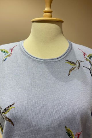 Kuş Detaylı Taş İşlemeli Triko Bebek Mavisi