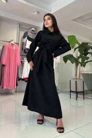 Kuşak ve Düğme Detaylı Uzun Elbise Siyah
