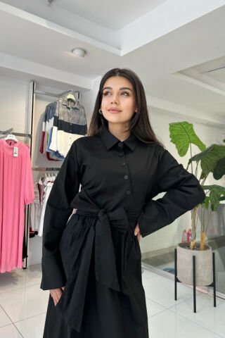 Kuşak ve Düğme Detaylı Uzun Elbise Siyah