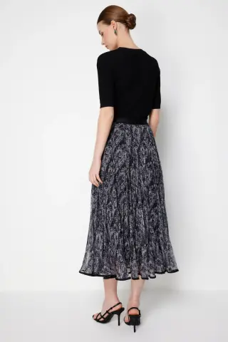 On Volanlı Desenli Maxi Etek SİYAH - S