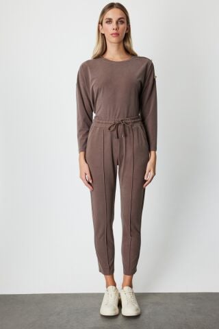 On Beli Lastikli Çimalı Eşofman Altı Kahve