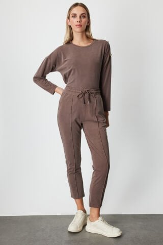 On Beli Lastikli Çimalı Eşofman Altı Kahve