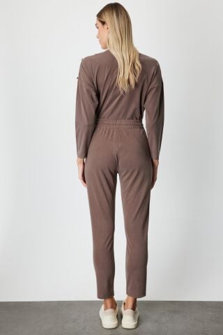 On Beli Lastikli Çimalı Eşofman Altı Kahve