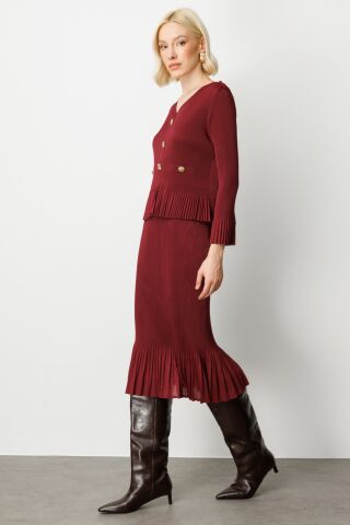 Ekol Süs Düğmeli Piliseli Bluz & Etek Ucu Piliseli Midi Etek Bordo Takım