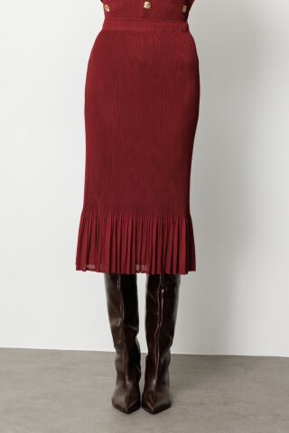 Ekol Süs Düğmeli Piliseli Bluz & Etek Ucu Piliseli Midi Etek Bordo Takım