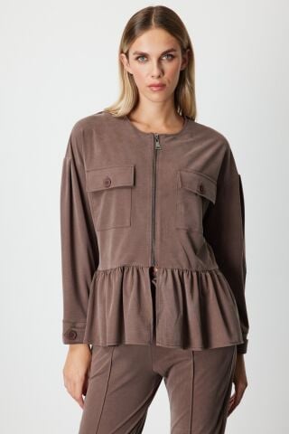 On Pileli Kapak Cepli Ceket Kahve