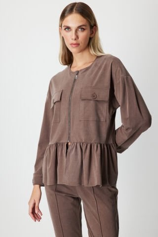 On Pileli Kapak Cepli Ceket Kahve