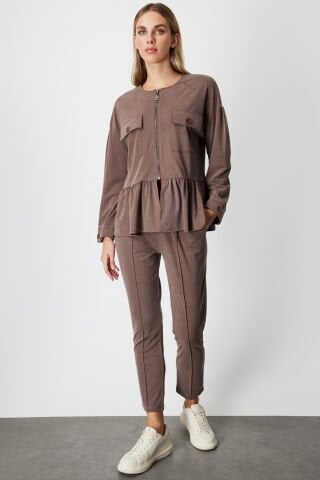 On Pileli Kapak Cepli Ceket Kahve