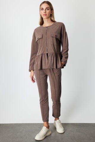 On Pileli Kapak Cepli Ceket Kahve