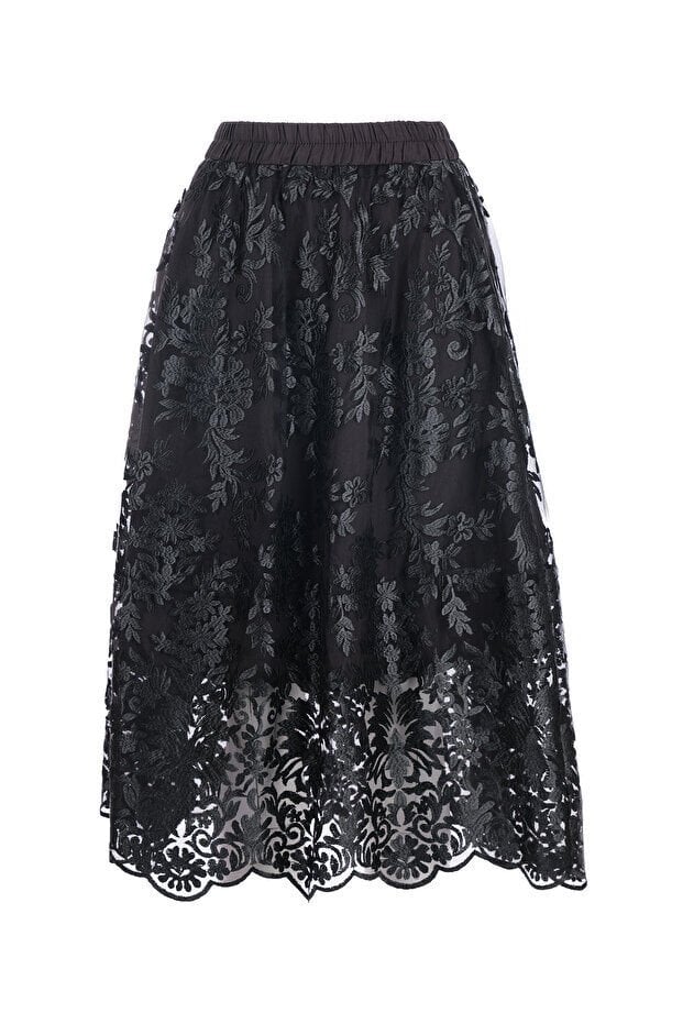 Ekol Çiçek Desenli Dokuma Etek Siyah