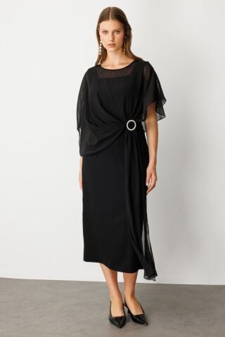 Ekol Kalın Askılı Broşlu Maxi Elbise Siyah