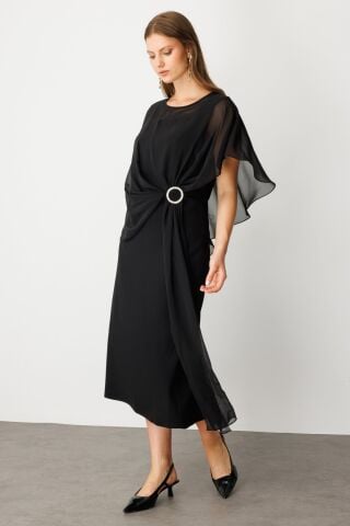 Ekol Kalın Askılı Broşlu Maxi Elbise Siyah