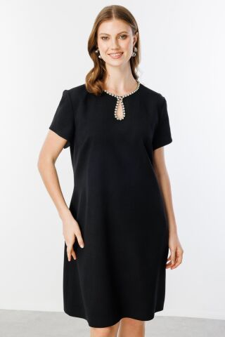 Ekol Büyük Beden Siyah Elbise Boğaz Taş Detaylı