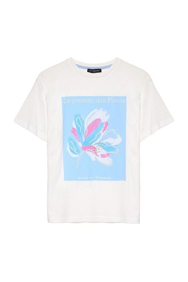 Quzu Taş Aksesuarlı Nakışlı Tişört