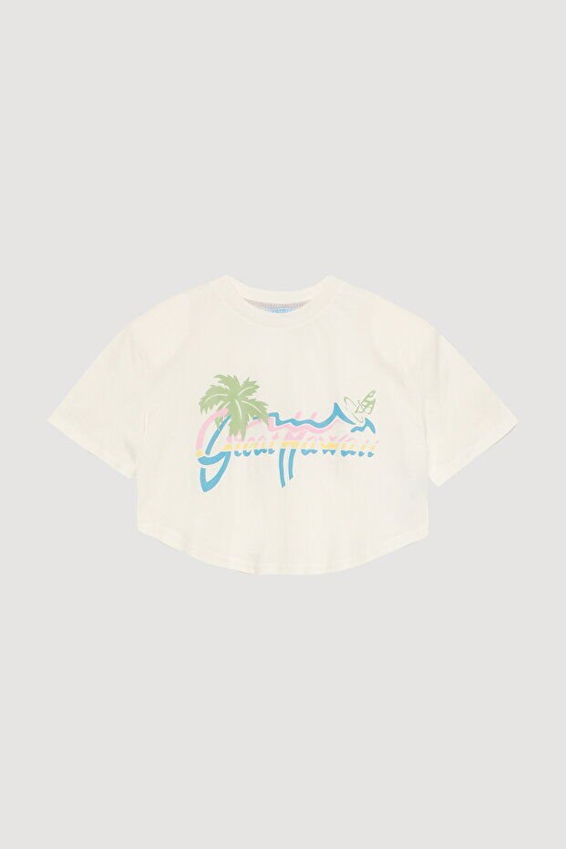 Quzu Baskı Detaylı Crop Tişört Ekru