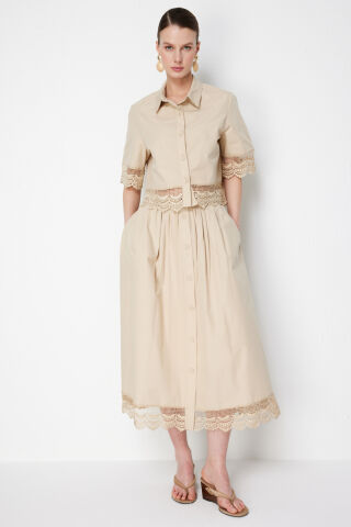 On Dantel Detaylı Pamuk İkili Takım BEJ - M