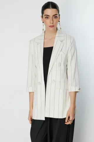 Ekol Çizgi Desenli Kapak Cepli Ceket Naturel