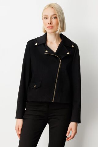 Ekol Simli Kumaş Süs Kapak Cepli Mont Siyah