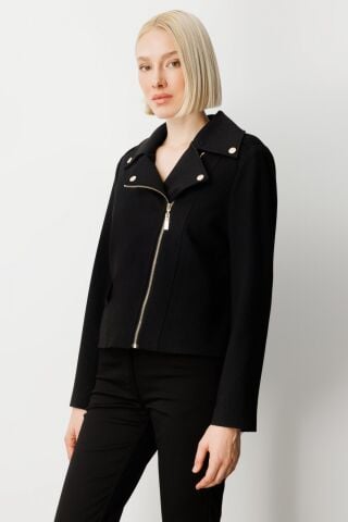 Ekol Simli Kumaş Süs Kapak Cepli Mont Siyah