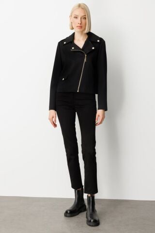 Ekol Simli Kumaş Süs Kapak Cepli Mont Siyah