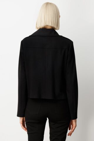 Ekol Simli Kumaş Süs Kapak Cepli Mont Siyah