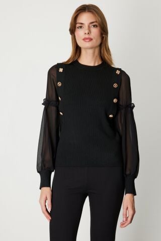 On Balon Kol Süs Düğmeli Triko Kazak