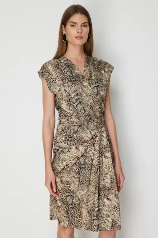 Ekol Beli Kuşaklı Leopar Desenli Midi Elbise Leopar