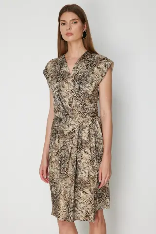 Ekol Beli Kuşaklı Leopar Desenli Midi Elbise Leopar