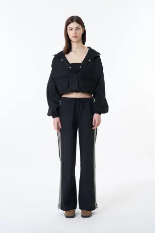 QUZU Çift Şeritli Beli Lastikli Pantolon Siyah